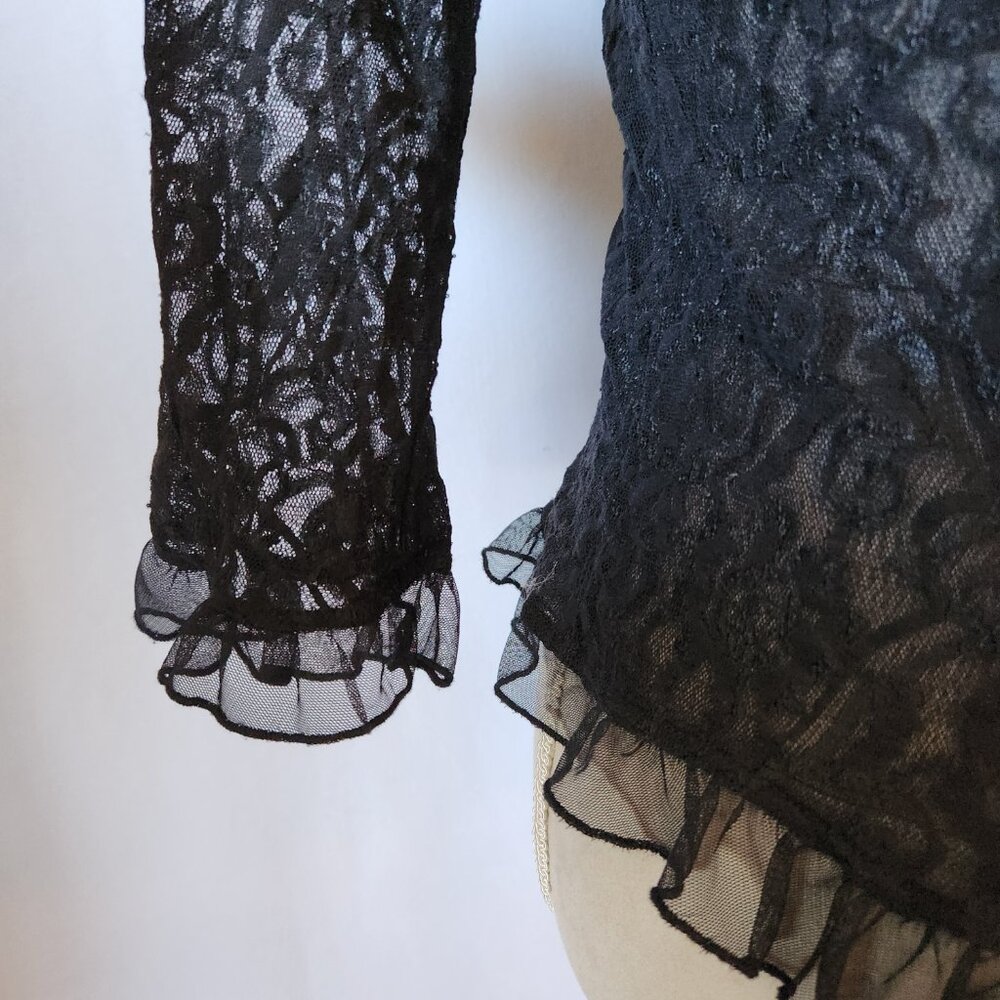 Uniform John Paul Richard Women's Size M Black Sheer Ruffle Lace Faux Button Top - Picture 5 of 13